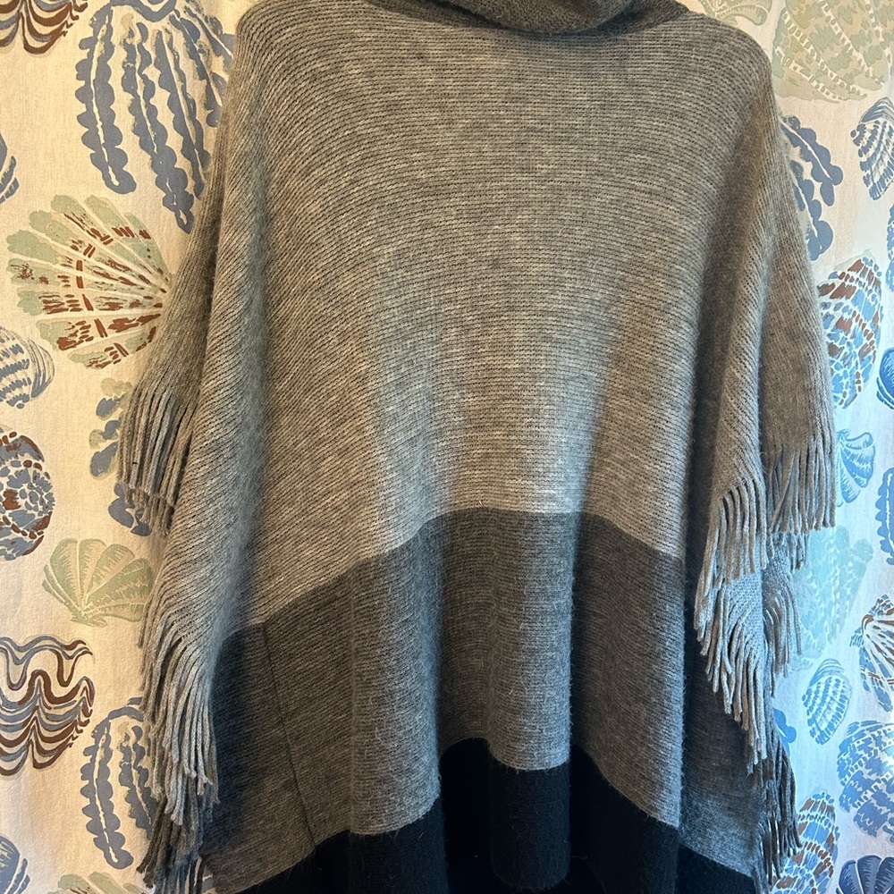 Chico's Elegant Gray and Black Fringe Poncho